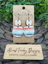Load image into Gallery viewer, Genuine Leather Earrings - White - Red - Gray - Navy - Sky Blue - Stripes - Wood - Wood Connector - Rounded Square - Cut Out - Statement Earrings - Neutral
