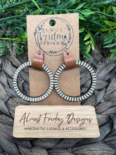 Load image into Gallery viewer, Wood Earrings - Stripes - Natural Wood - Hoop Earrings - Hoops - Hand Painted - Black and White - Genuine Leather Cuff - Statement Earrings
