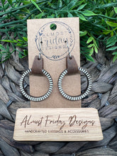 Load image into Gallery viewer, Wood Earrings - Stripes - Natural Wood - Hoop Earrings - Hoops - Hand Painted - Black and White - Genuine Leather Cuff - Statement Earrings
