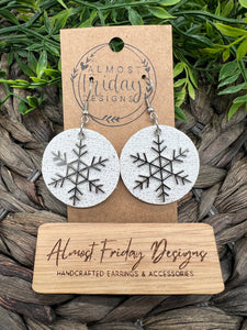 Genuine Leather Earrings - Snowflakes - Glitter - Metal Snowflake - White - Winter Earrings