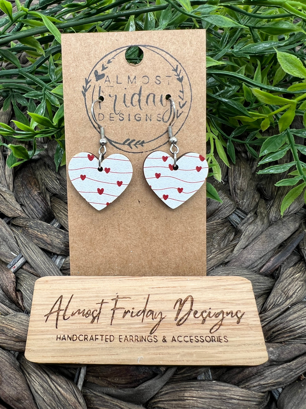 Wood Earrings - Valentine's Day - White - Red - Hearts - Wood - Statement Earrings