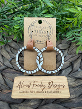 Load image into Gallery viewer, Wood Earrings - Abstract Design - Natural Wood - Hoop Earrings - Hoops - Hand Painted - Black and White - Genuine Leather Cuff - Statement Earrings
