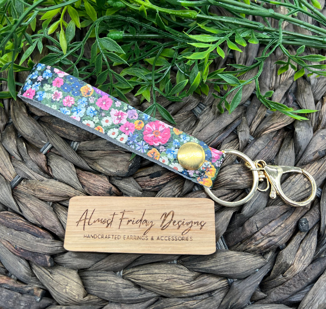Genuine Leather Key Chain Wristlet - Genuine Leather Accessories - Key Wristlet - Key Chain - Flowers - Spring Flowers - Floral