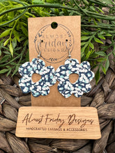 Load image into Gallery viewer, Genuine Leather Earrings - Modern Flowers - Navy - Blue - Mint - White - Flowers - Floral - Statement Earrings

