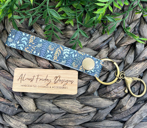 Genuine Leather Key Chain Wristlet - Genuine Leather Accessories - Key Wristlet - Key Chain - Leaves - Flowers - Fall Flowers - Floral - Blue - Mustard