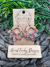 Load image into Gallery viewer, Genuine Leather Earrings - Petal - Scallop - Spring - Tan - Red - Blue - Daisies - Flower - Cork - Fall - Statement Earrings - Arch Connector - Wood and Leather Earrings
