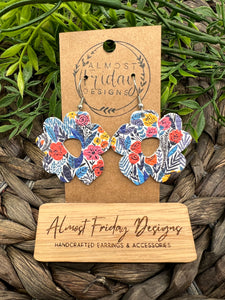 Genuine Leather Earrings - Modern Flowers - Tropical Flowers - Summer Earrings - Colorful - Navy - Blue - Yellow - Coral - Summer - Statement Earrings - Floral Earrings