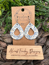 Load image into Gallery viewer, Genuine Leather Earrings - Embossed Teardrop - Leaves - Branches - Navy - Blue - White - Floral - Statement Earringsj
