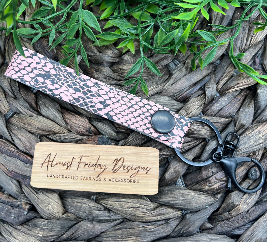 Genuine Leather Wristlet - Genuine Leather Accessories - Wristlet - Key Chain - Black and Pink - Snakeskin - Animal Print