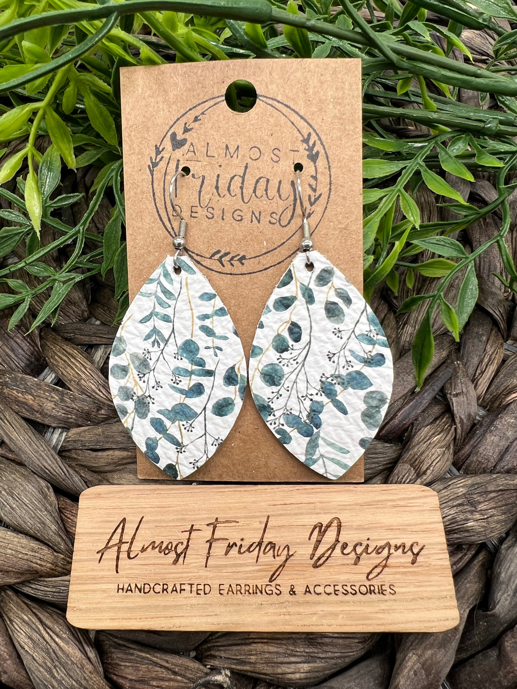 Genuine Leather Earrings - Leaf Cut - Eucalyptus - Plant - White - Green - Statement Earrings - Textured Leather