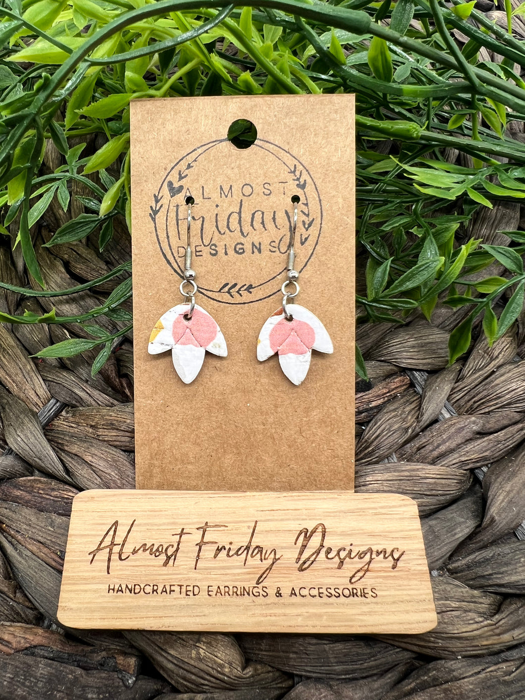 Genuine Leather Earrings - Falling Leaf - Small - White - Pink - Navy Red - Mustard - Gray - Dots - Polka Dots - Embossed - Statement Earrings - Leather