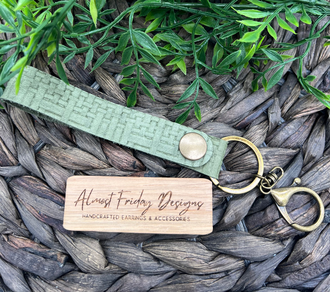 Genuine Leather Wristlet - Genuine Leather Accessories - Wristlet - Key Chain - Braided - Embossed Leather - Olive