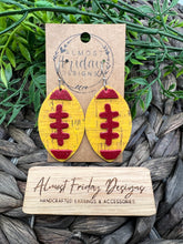 Load image into Gallery viewer, Genuine Leather Earrings - Kansas City - Red - Yellow - Football - Chiefs - Fall - Football Print - Football Earrings - Statement Earrings
