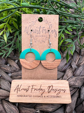 Load image into Gallery viewer, Wood Earrings - Circle - Resin - Pearl - Teal - Aqua - Statement Earrings - Round - Walnut

