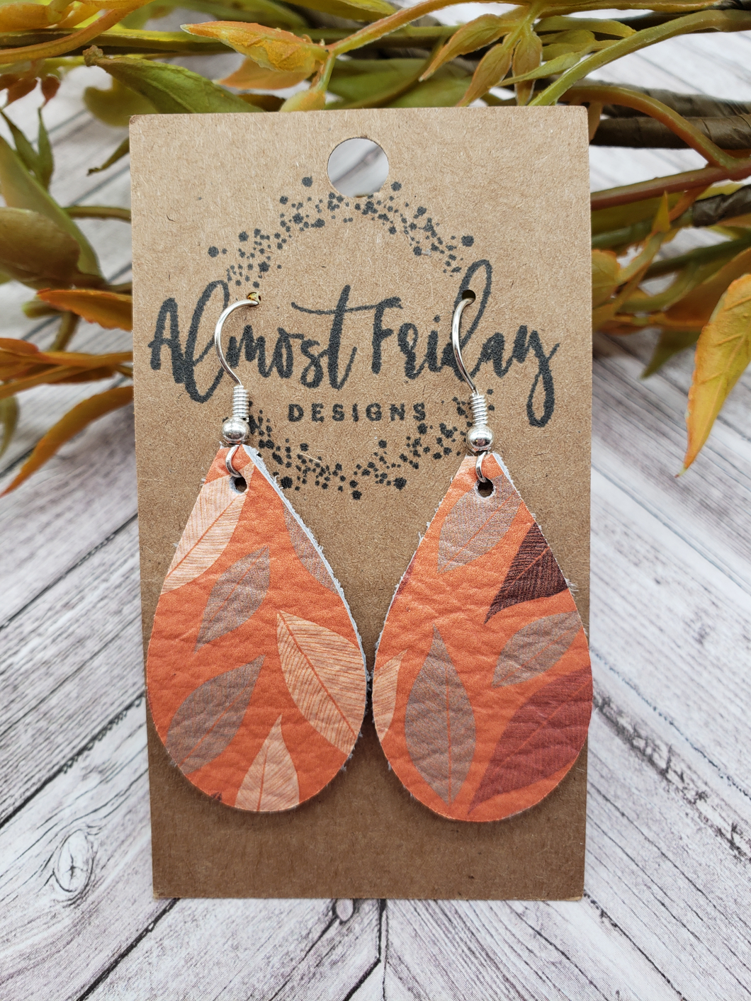 Genuine Leather Earrings - Teardrop Earrings - Orange Leather - Magnolia Leaves - Fall Earrings