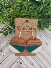 Load image into Gallery viewer, Wood Earrings - Circle - Teal and White - Statement Earrings - Resin
