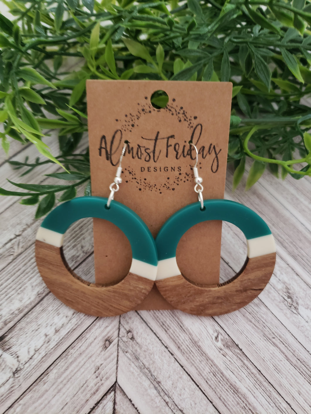 Wood Earrings - Circle - Teal and White - Statement Earrings - Resin - Hoops