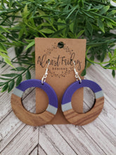 Load image into Gallery viewer, Wood Earrings - Circle Cut Out- Blue - Statement Earrings - Resin - Hoops
