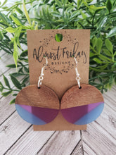 Load image into Gallery viewer, Wood Earrings - Circle - Purple and Blue - Statement Earrings - Round - Resin
