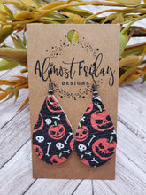 Load image into Gallery viewer, Genuine Leather Earrings - Halloween Earrings - Teardrops - Pumpkin - Jack-o&#39;-Lantern - Statement Earrings
