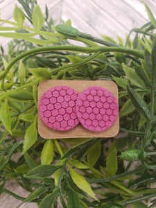 Genuine Leather Earrings - Stud Earrings - Pink - Textured Leather - Honeycomb Design