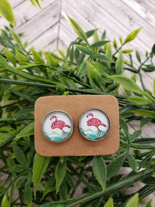 Glass Dome - Summer - Stud Earrings - Studs - Flamingo - Pink - Teal