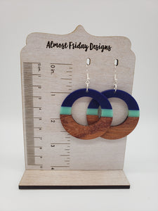 Wood Earrings - Circle Cut Out- Blue - Statement Earrings - Resin - Hoops