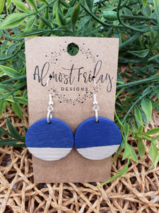 Wood Earrings - Circle - Blue - Statement Earrings - Round