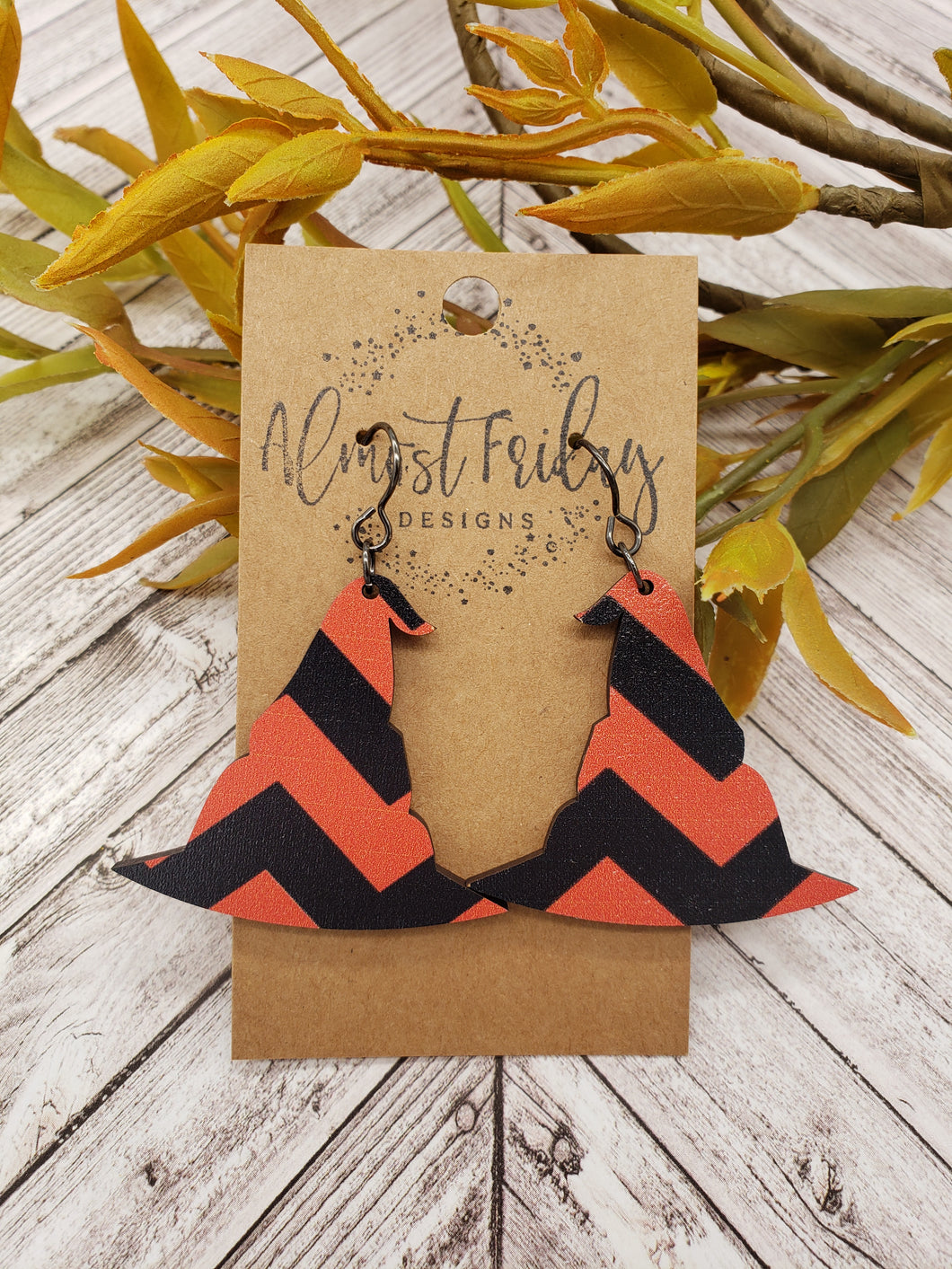 Wood Earrings - Witches Hat - Halloween Earrings - Black and Orange Chevron - Fall Earrings - Statement Earrings - Witch