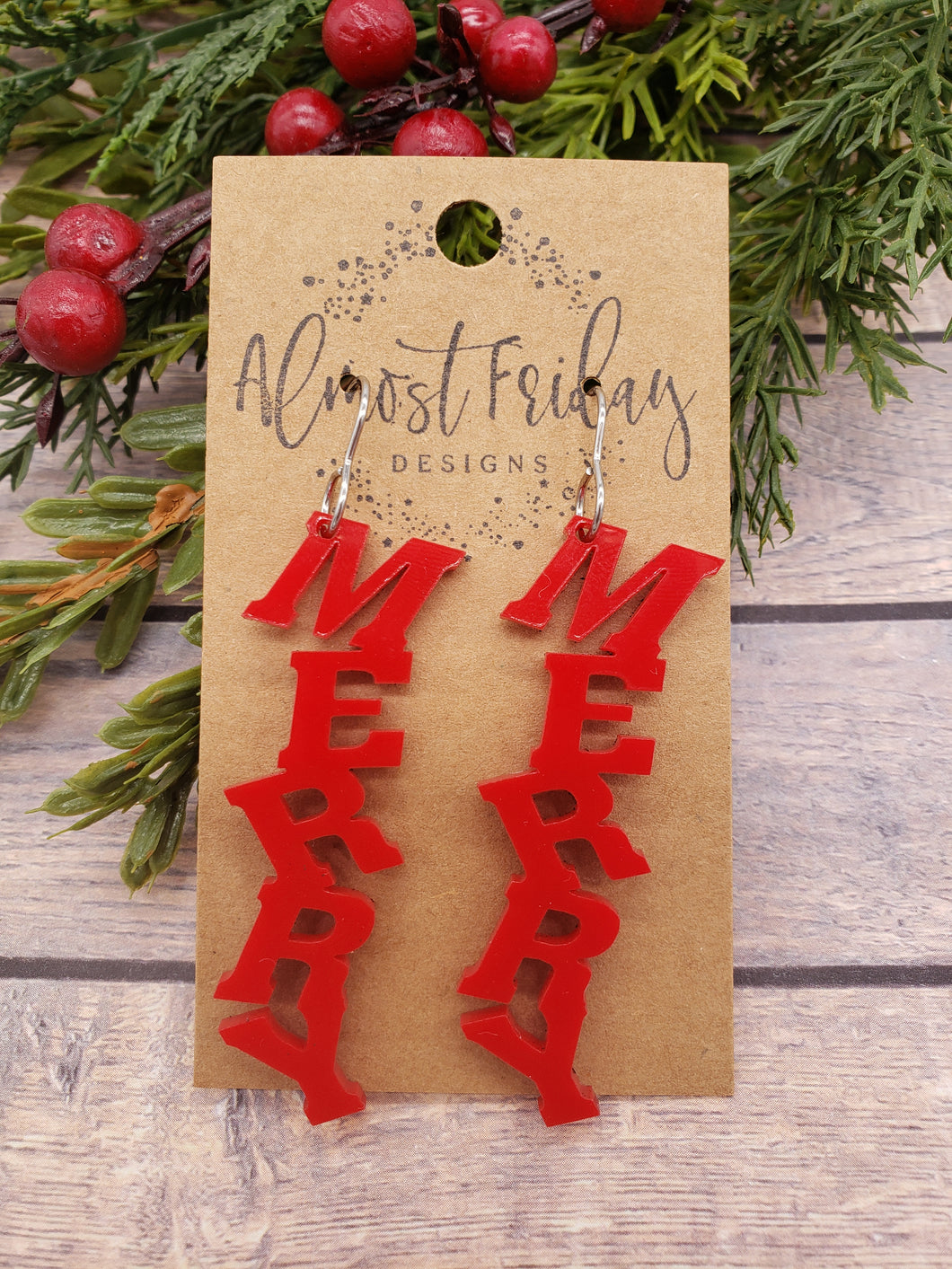 Acrylic Earrings - Merry Earrings - Christmas - Winter - Cut Out Earrings - Red - Statement Earrings