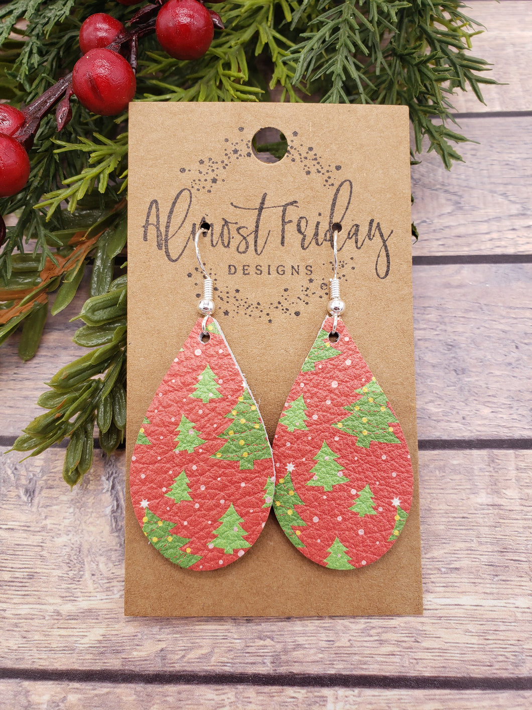 Genuine Leather Earrings - Christmas Trees - Christmas Earrings - Winter - Teardrop