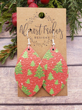 Load image into Gallery viewer, Genuine Leather Earrings - Christmas Trees - Christmas Earrings - Winter - Leaf Cut - Statement Earrings - Red and Green - Holiday Earrings

