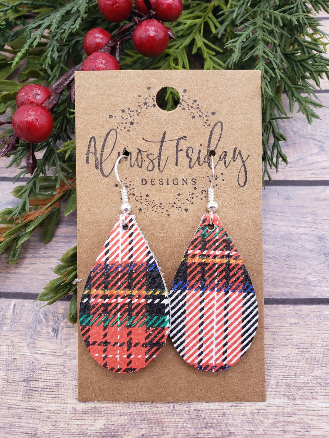 Genuine Leather Earrings - Teardrop Earrings - Plaid - Tartan Plaid - Fall Plaid