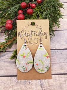 Genuine Leather Earrings - Teardrop - Christmas Earrings - Christmas - Cut Out Earrings - Christmas Holly - Statement Earrings
