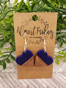 Wood Earrings - Hearts - Blue - Statement Earrings - Valentine's Day - Acrylic Earrings
