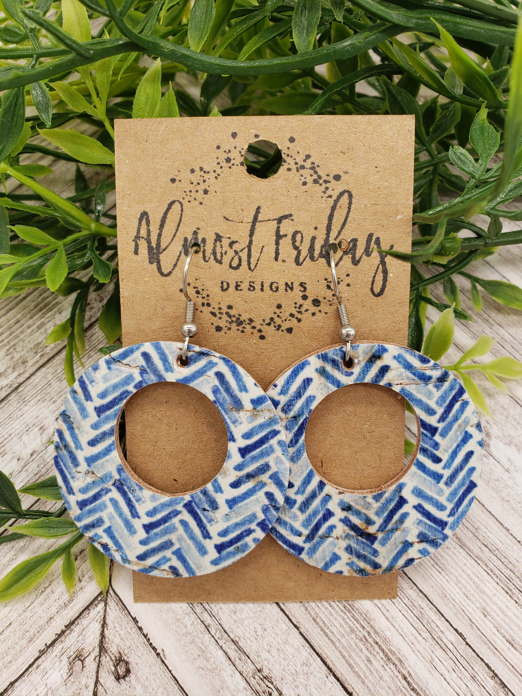 Genuine Leather Earrings - Circle Cut Out Earrings - Blue and White - Chevron Design Earrings