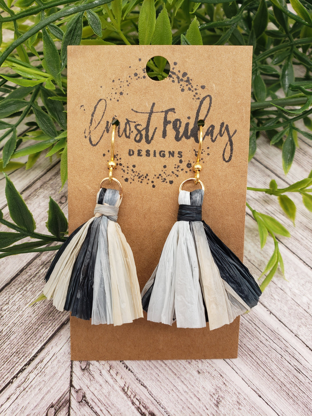 Tassel Earrings - Black and White - Raffia Earrings - Fan Style Design - Tassels