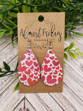 Load image into Gallery viewer, Genuine Leather Earrings - Valentine&#39;s Day - Teardrop Earrings - Heart - Pink and Red Hearts
