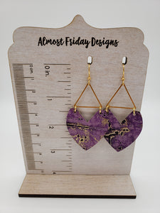 Genuine Leather Earrings - Valentine's Day - Purple Earrings - Embossed Leather - Fringed Heart - Hearts - Gold - Metal Hoop