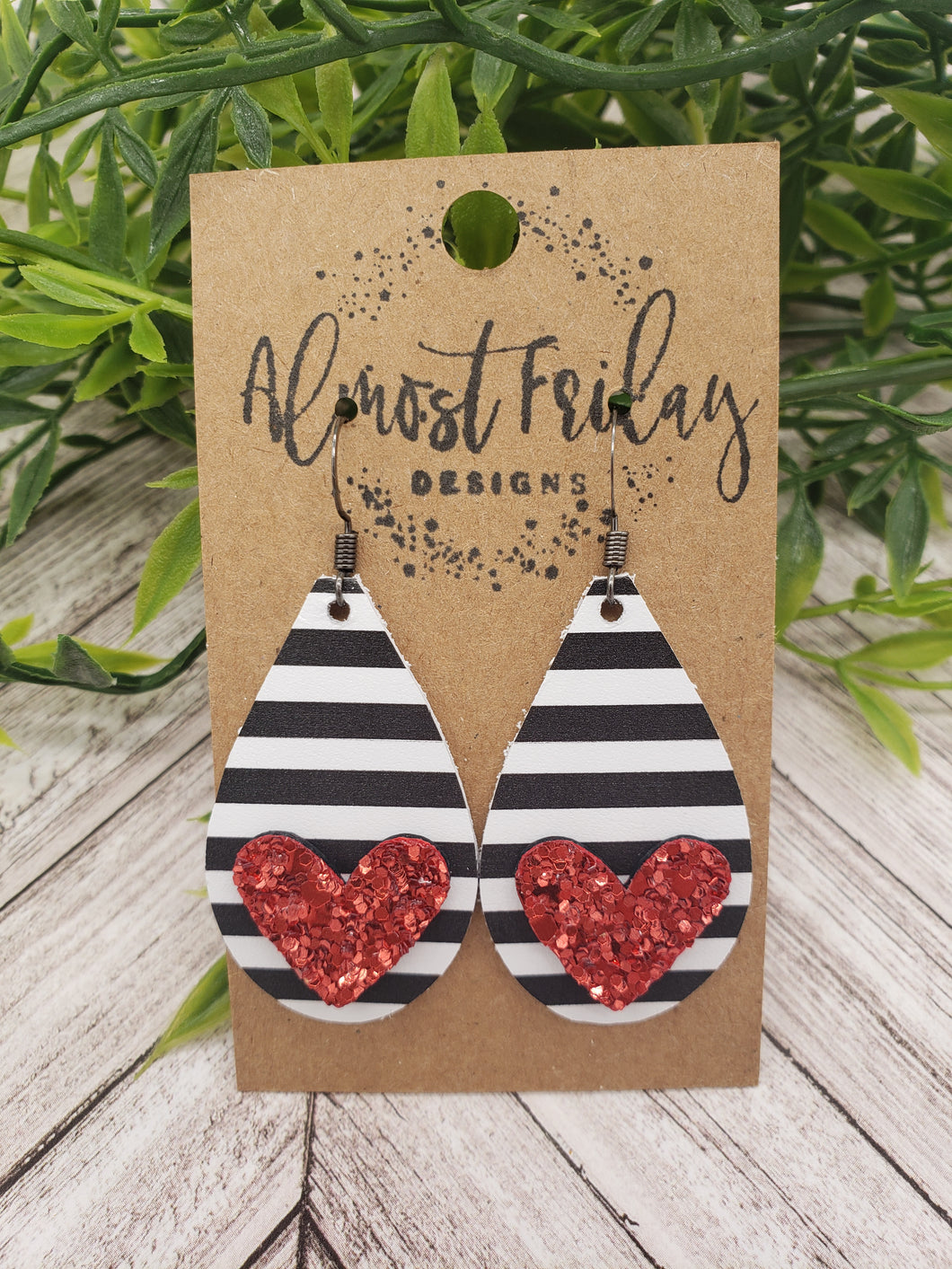 Genuine Leather Earrings - Valentine's Day - Black and White - Striped Earrings - Teardrop - Hearts - Glitter