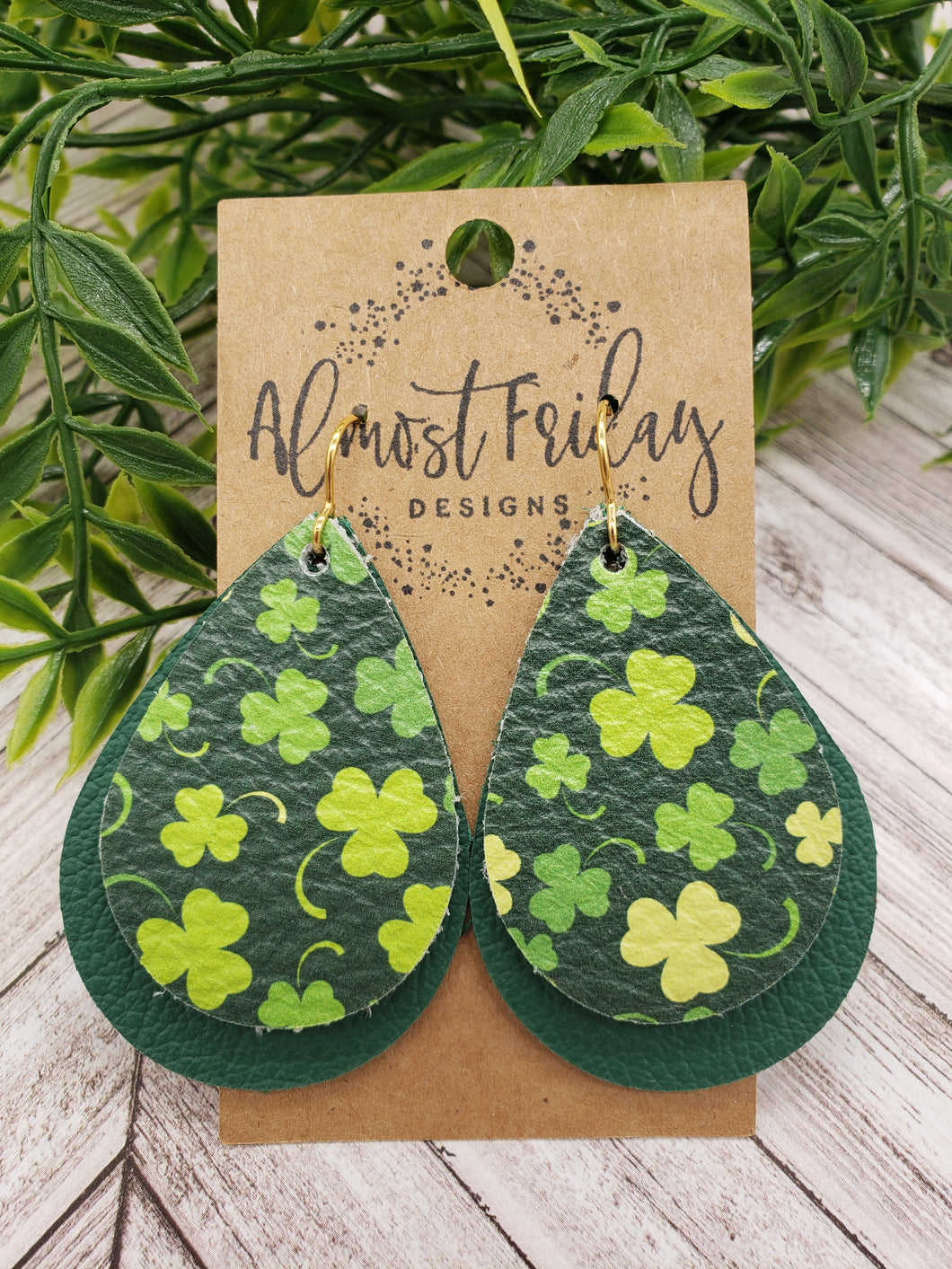 Genuine Leather Earrings - Saint Patrick's Day - Green Earrings - Clovers - Teardrop - Shamrocks - Layered Design