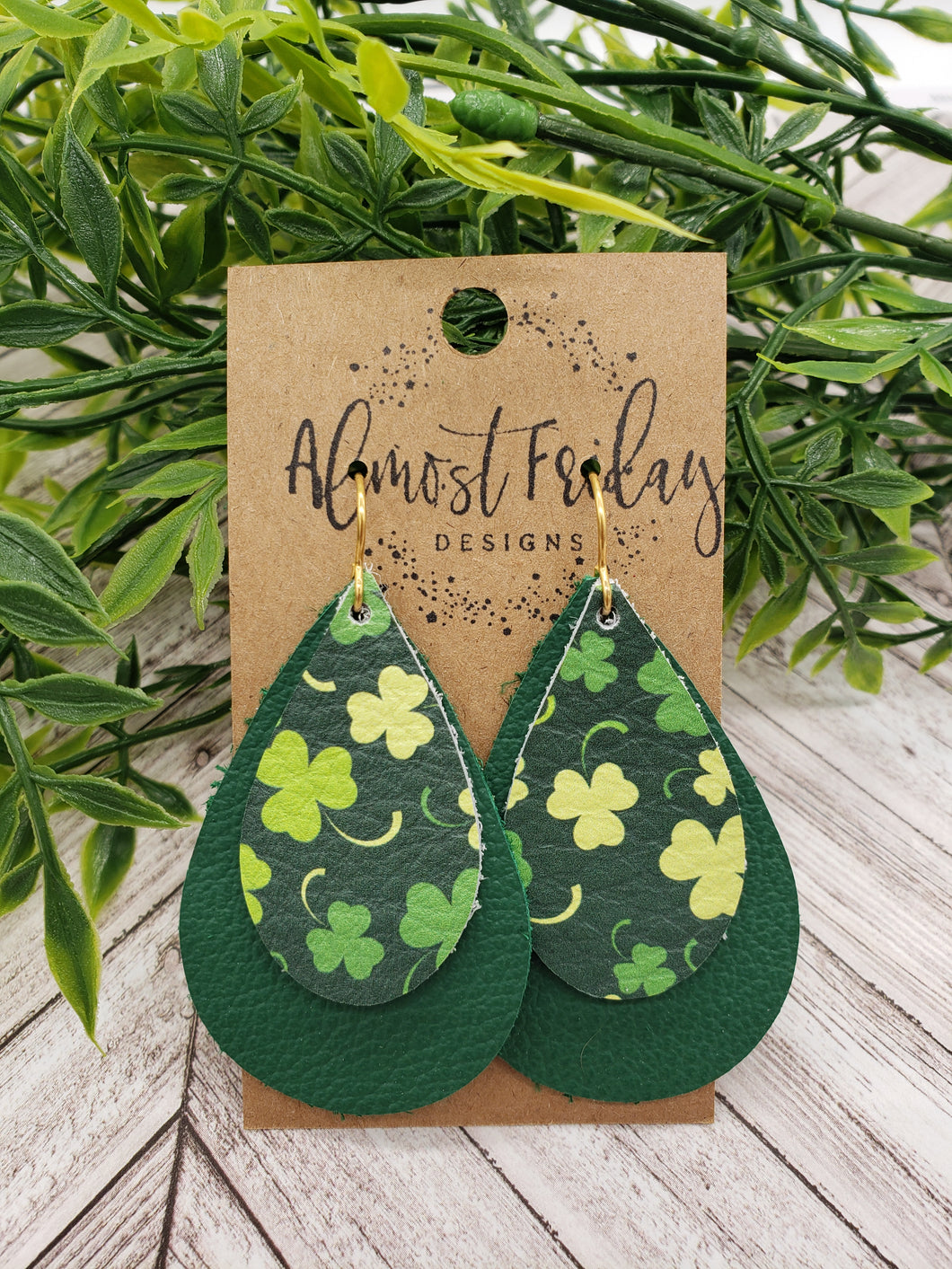 Genuine Leather Earrings - Saint Patrick's Day - Green Earrings - Clovers - Teardrop - Shamrocks - Layered Design