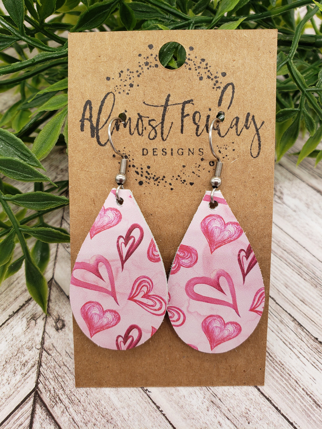 Genuine Leather Earrings - Valentine's Day - Teardrop Earrings - Heart - Pink and Red Hearts