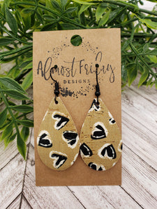 Genuine Leather Earrings - Valentine's Day - Teardrop Earrings - Hearts - Tan - Black Hearts