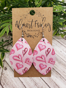 Genuine Leather Earrings - Valentine's Day - Leaf Cut Earrings - Heart - Pink and Red Hearts