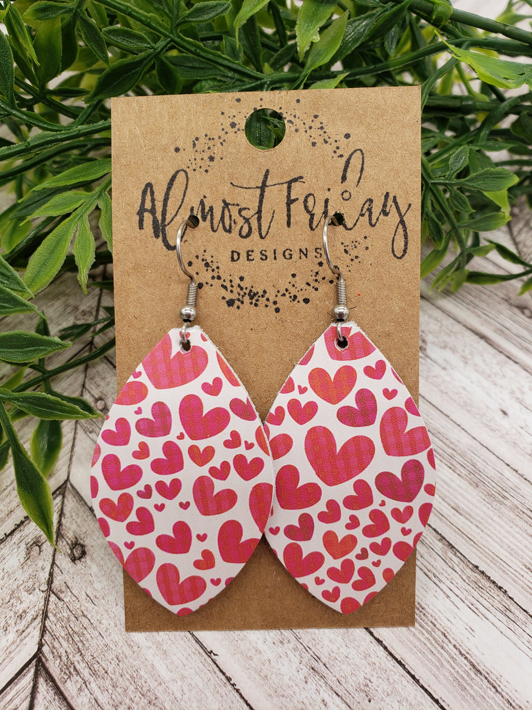 Genuine Leather Earrings - Valentine's Day - Leaf Cut Earrings - Heart - Pink and Red Hearts