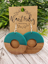 Load image into Gallery viewer, Wooden Earrings - Circle Cut Out- Teal - Statement Earrings - Wood and Resin
