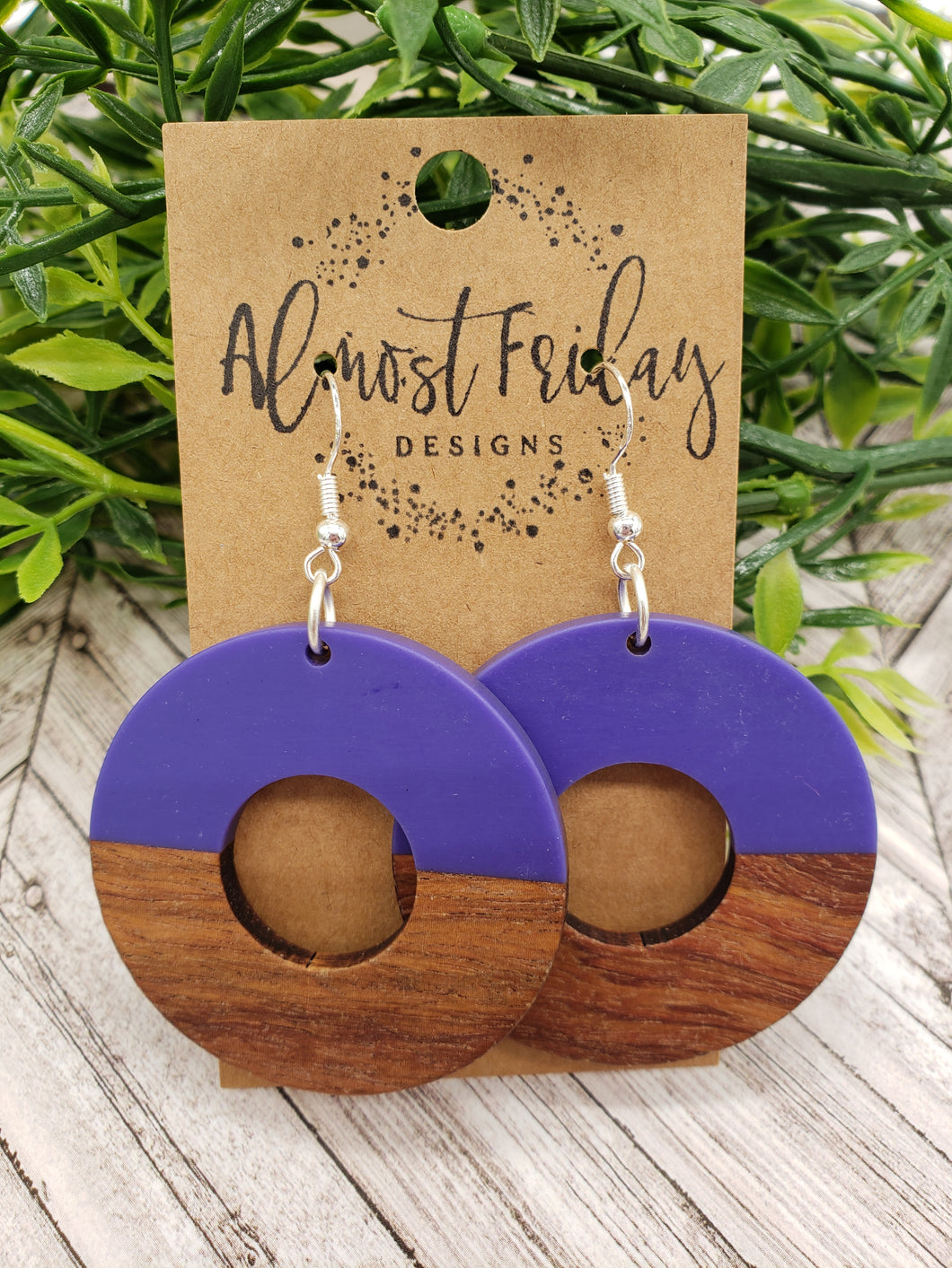 Wooden Earrings - Circle Cut Out- Periwinkle - Statement Earrings - Wood and Resin