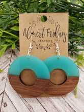 Load image into Gallery viewer, Wooden Earrings - Circle Cut Out- Aqua - Statement Earrings - Wood and Resin
