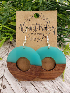 Wooden Earrings - Circle Cut Out- Aqua - Statement Earrings - Wood and Resin